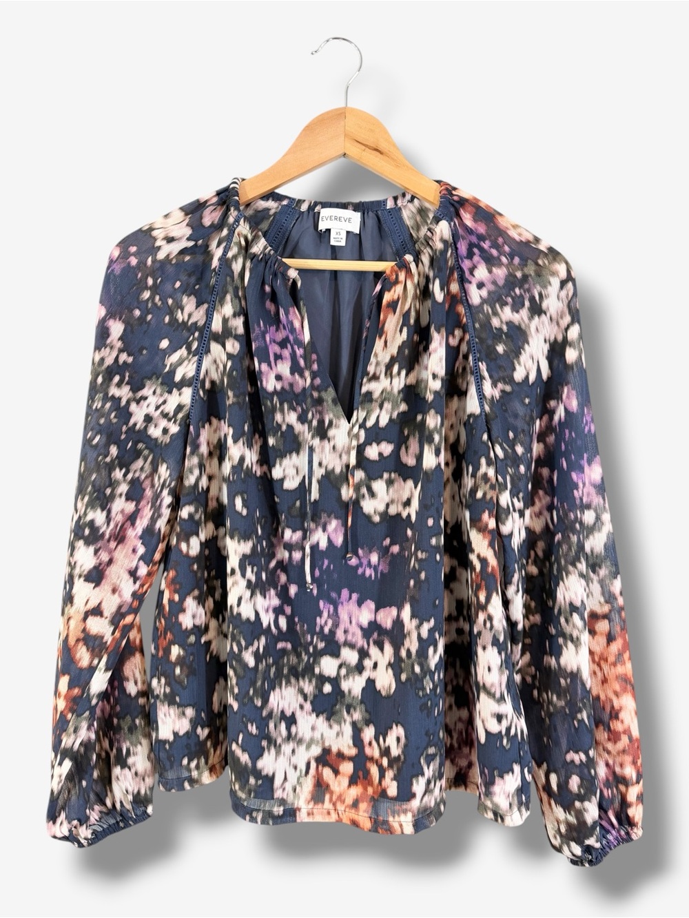 Evereve Darby Chiffon Blouse XS Blue Purple Abstract Watercolor Tie Neck Casual